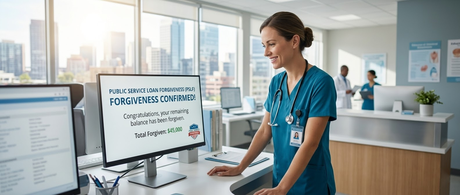 A healthcare worker qualifying for student loan forgiveness programs.