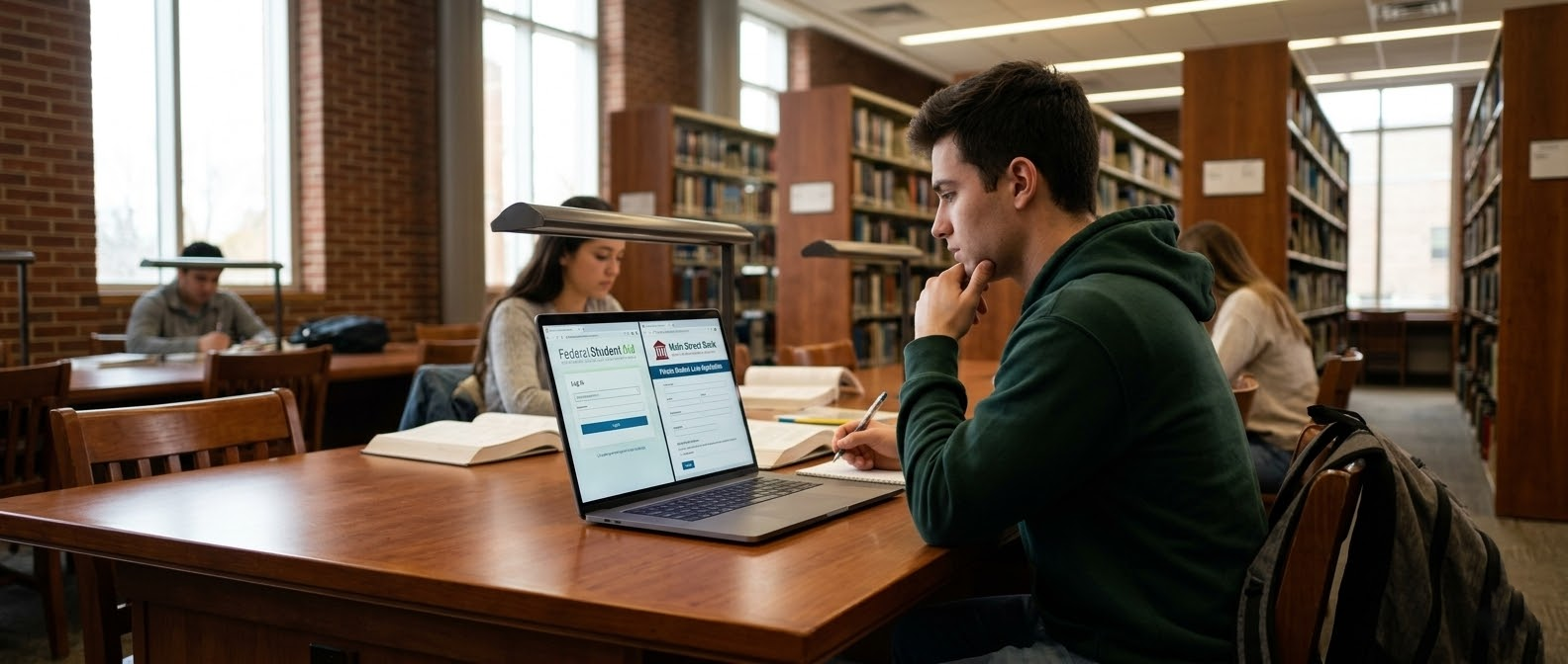 A student researching federal vs private student loans on a laptop.