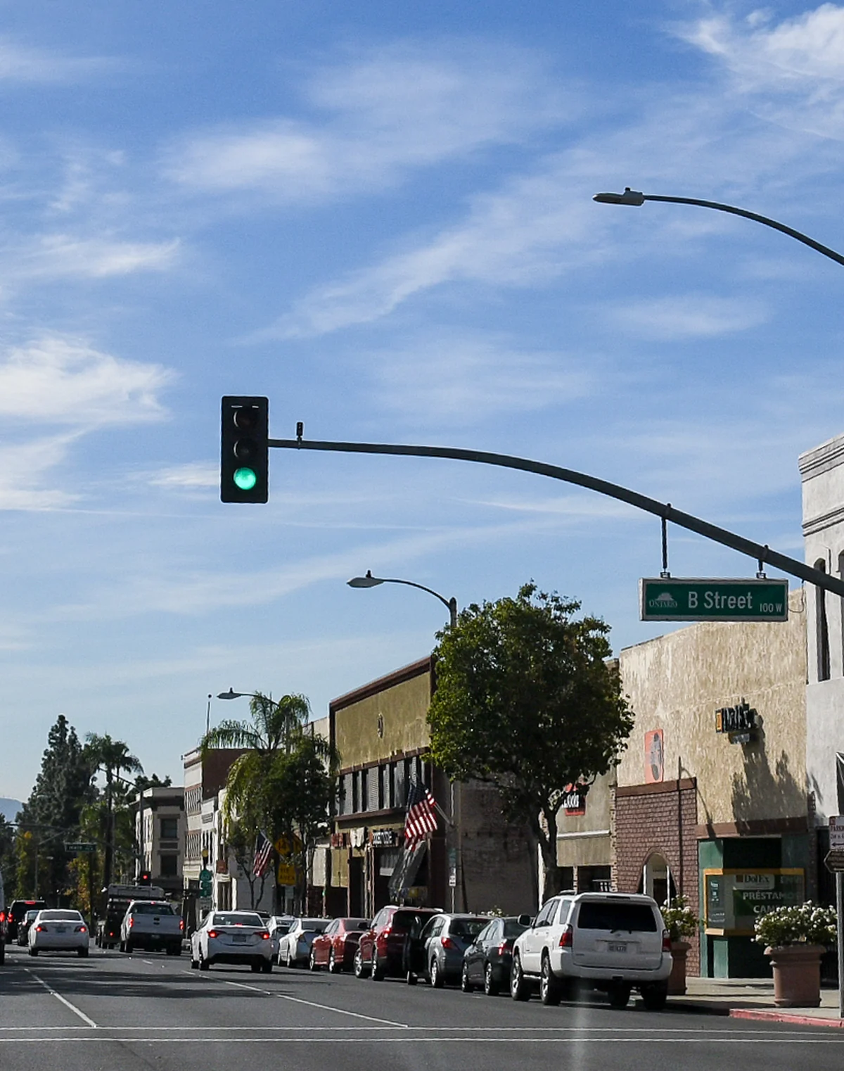 Storefronts along Euclid Avenue in downtown Ontario, California